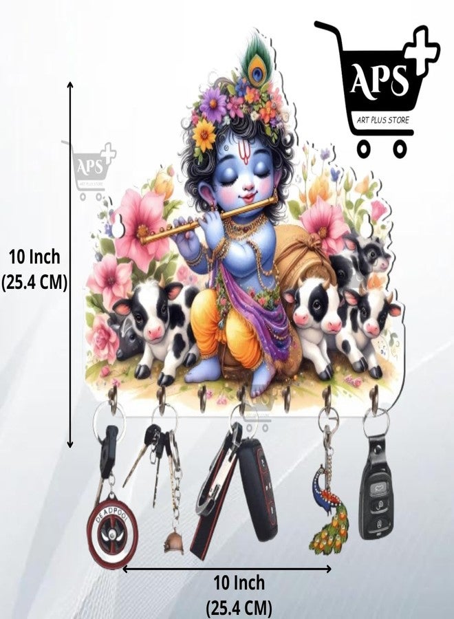 APS ART PLUS STORE حامل مفاتيح خشبي مزخرف لطيف على شكل كريشنا يعزف على الناي، يُثبت على الحائط، 7 خطافات، بنقشة زهور وأبقار، متعدد الألوان، 10 × 10 بوصة، من متجر APS ART PLUS - Image 2